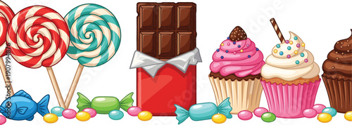 Colorful sweets and candy horizontal border set featuring chocolate bar lollipops cupcakes and sprinkles for bakery birthday party or confectionery shop design.