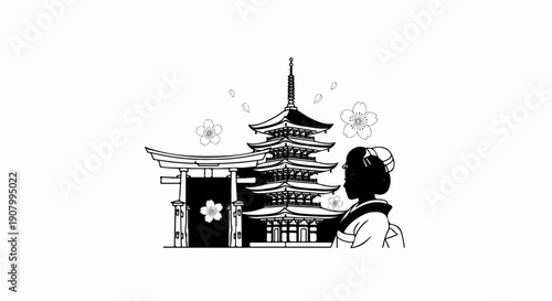 Traditional Japanese scene with pagoda, torii gate, and woman in kimono