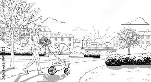 Woman pushing stroller along park path near town as sun sets