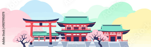 Traditional Japanese temple with torii gate and cherry blossoms, surrounded by pastel clouds