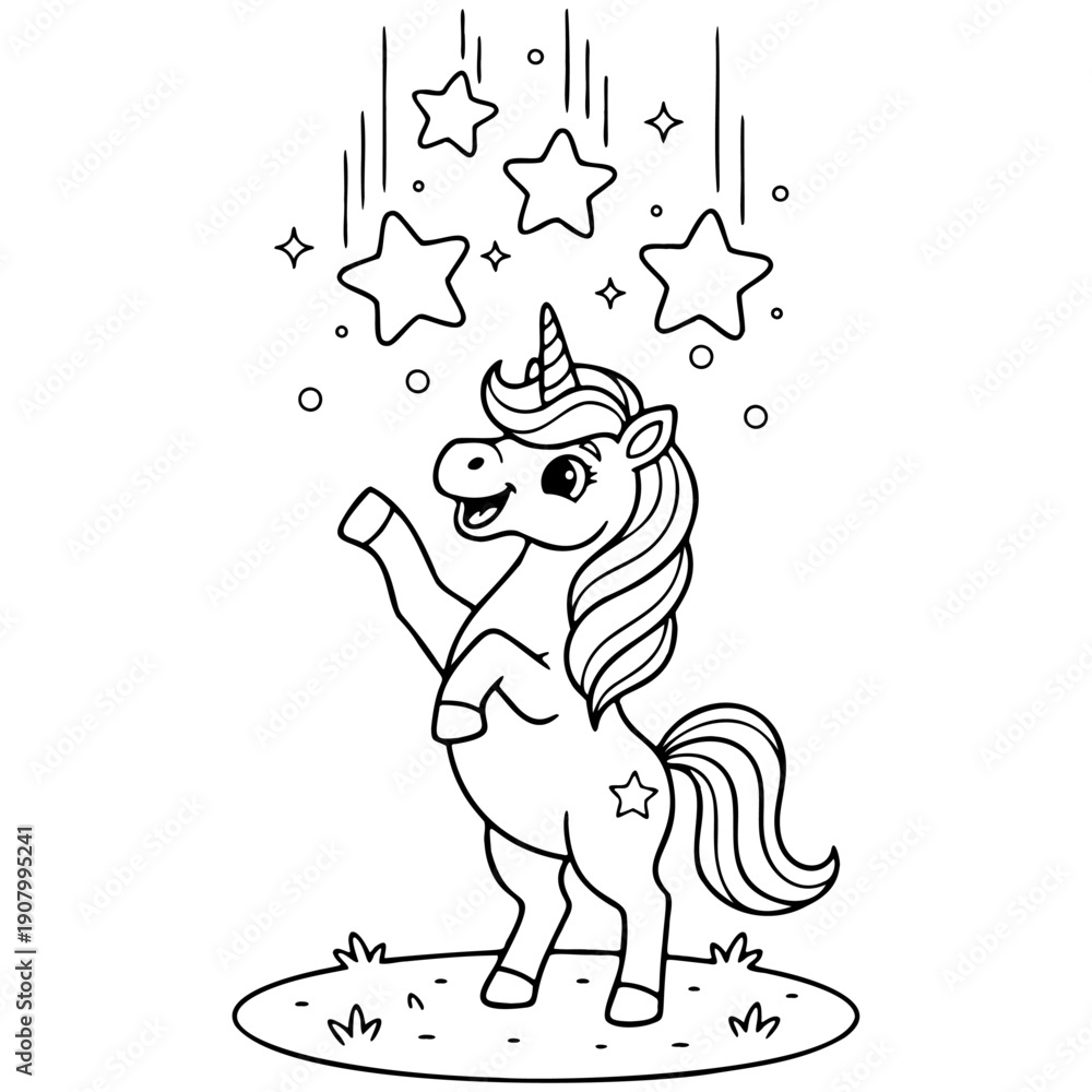 Fototapeta premium Cute Dancing Unicorn with Falling Stars Coloring Page Magical Fantasy Line Art for Kids