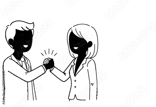Two silhouetted business people enthusiastically shake hands, symbolizing agreement