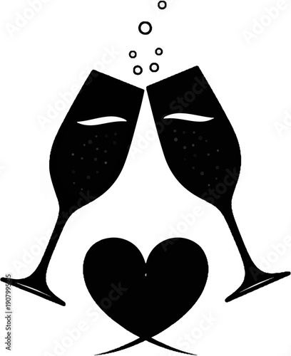 Two champagne glasses toast above a heart with bubbles rising