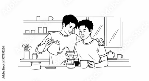 Two young men making coffee together in a kitchen