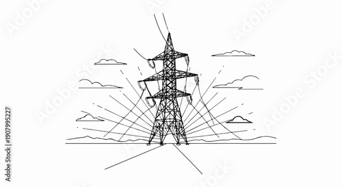 Towering electrical pylon against a backdrop of radiating lines and clouds