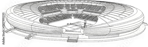 Wireframe drawing of a large, oval, multi-tiered sports stadium with seating
