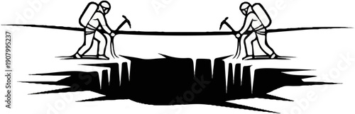 Two climbers on an icy chasm pull a rope across a dark abyss