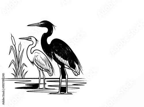 Two herons, one dark and one light, stand in shallow water by reeds