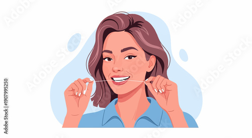Woman smiling while flossing her teeth with a white string