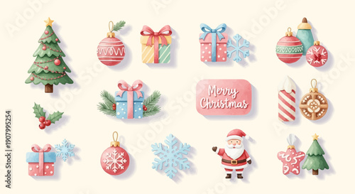Watercolor Christmas icons tree, gifts, ornaments, Santa, snowflakes, holly