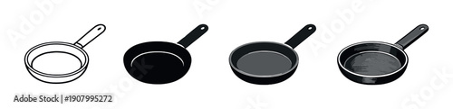 Set of kitchen frying pans and saucepan on gray background