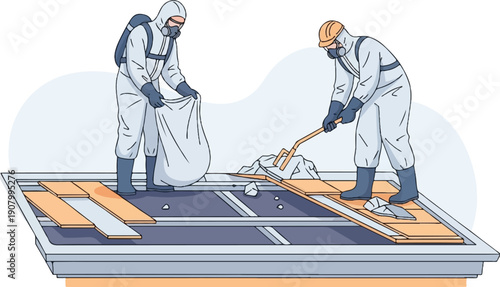 Two workers in protective suits are cleaning up debris from a roof