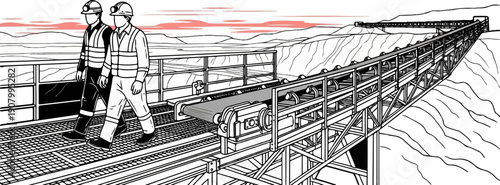 Two workers in hard hats walk along a walkway beside a long conveyor belt