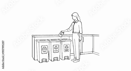 Woman sorting waste into recycling bins for paper, plastic, and general items