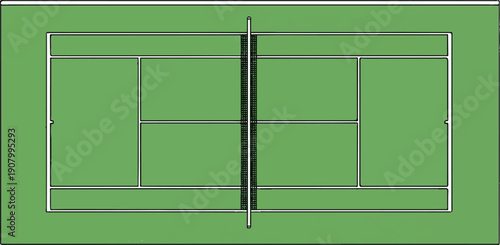 Top-down view of a green tennis court with white lines and a net