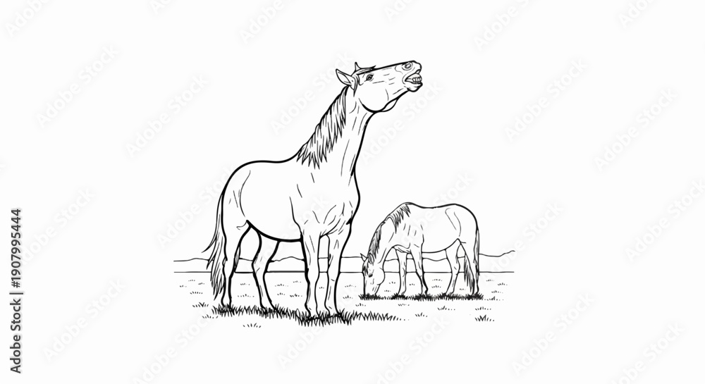Fototapeta premium Two horses in a field, one grazing, one rearing its head