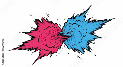 Two colorful explosions, pink and blue, collide and scatter outwards