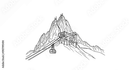 Wireframe sketch of a cable car station atop a rugged mountain