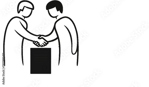 Two simple figures shaking hands over a document