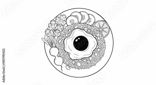 Top-down black and white illustration of a plate of rice with a fried egg