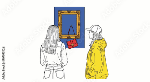 Two women observe a framed handbag displayed on a blue wall
