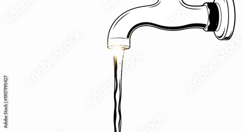 Water flowing from a metal faucet with a bright shine at the source