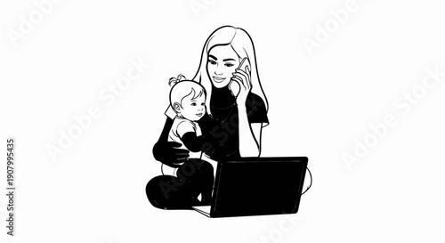 Woman talking on phone while holding baby and working on laptop
