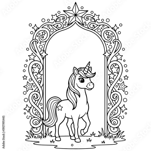 Unicorn Inside Ornate Fantasy Arch Coloring Page Royal Fairy Tale Line Art
