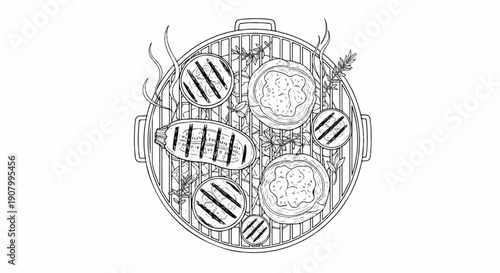Top view of a sketch of a grill with grilled vegetables and herbs