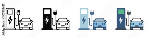 Charging station icon set multiple style collection, including line, solid, outline, and filled icons, perfect for electric vehicles