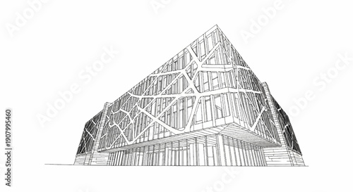 Wireframe sketch of a modern, triangular building with a complex, organic facade