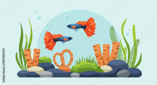 Two colorful fish swim among aquatic plants and rocks in a clear tank