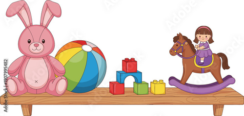 Colorful children's toy collection on a wooden shelf featuring a pink plush bunny rabbit beach ball building blocks and a rocking horse doll