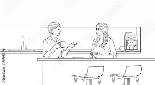 Two women converse while enjoying beverages near kitchen counter