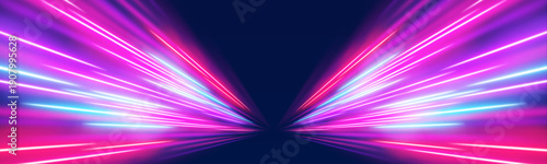 Radiant neon paths glow against a deep dark background, symbolizing speed and innovation. Motion blur adds intensity. A sleek and energetic visual style.