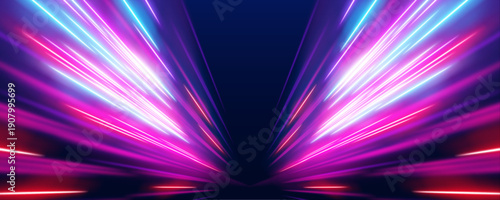 Light streaks sweep diagonally through space, forming a dynamic visual rhythm. The composition feels fast and immersive. Designed for futuristic digital scenes.