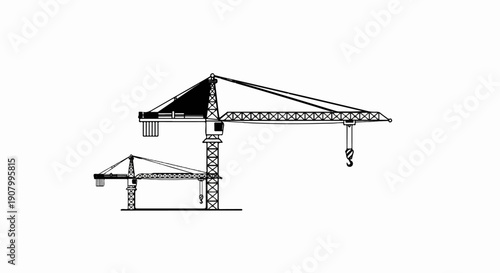 Two tower cranes in a monochromatic, minimalist, construction-themed illustration