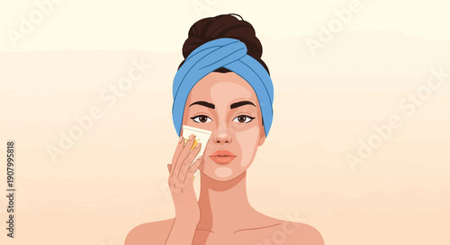 Woman applying skincare with a cotton pad and headband