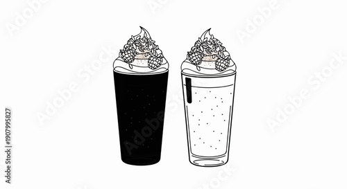 Two delicious beverages, one dark, one light, both topped with whipped cream and berries