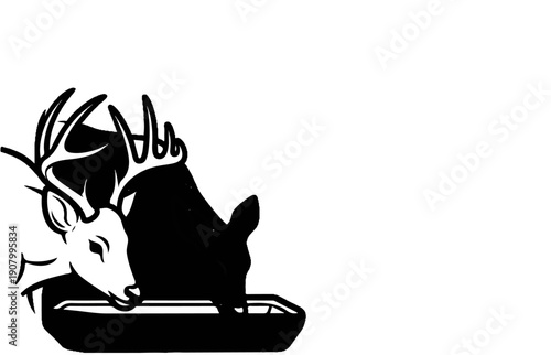 Two deer with antlers drink from a feeding trough in a stark black and white graphic
