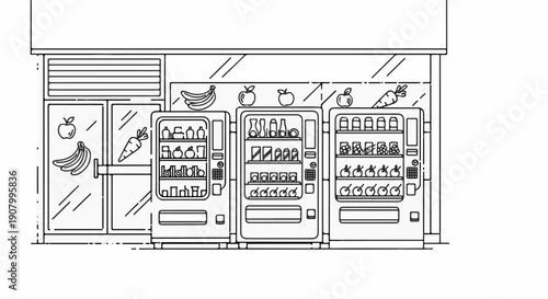 Three vending machines outside a store, displaying fruits and drinks