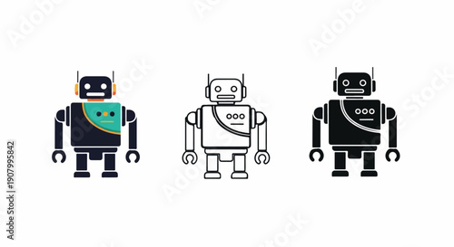 Three variations of a friendly robot character, displayed side by side