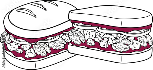 Two delicious sandwiches with a rich filling, sliced bread and sauce