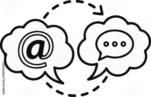 Two speech bubbles connected by dashed arrows, one with an "@" symbol, the other with ellipses
