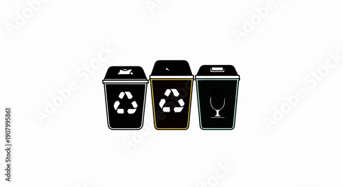 Three trash bins with recycling symbols and glass icon on white background