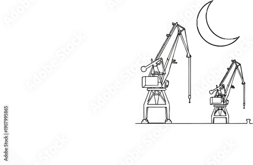 Two industrial cranes stand under a crescent moon at night