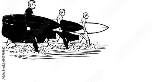 Three surfers in wetsuits run into the ocean holding surfboards