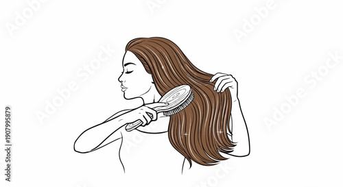 Woman brushing long brown hair with a wooden brush