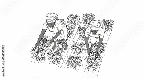 Two individuals working in a field tending to plants
