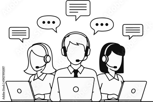 Three support agents wearing headsets and working on laptops with speech bubbles
